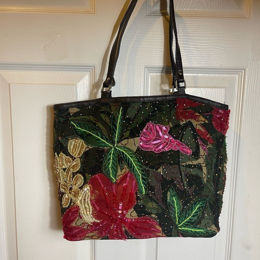 Vintage Christiana fabric Floral beaded embroidery Tote Bag.leather straps